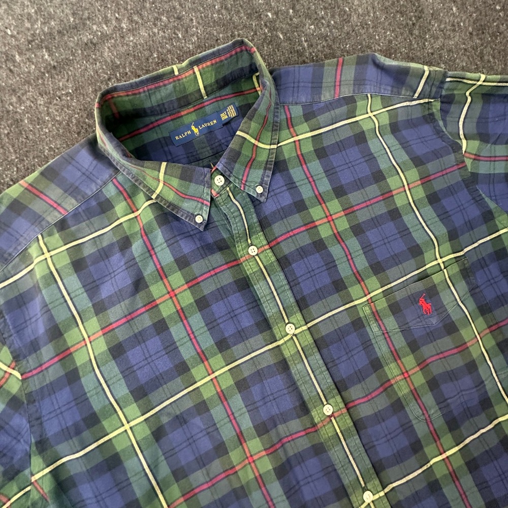 Polo Ralph Lauren Shirt Mens 3XLT Green Blue Tartan Plaid Button Down Big Tall